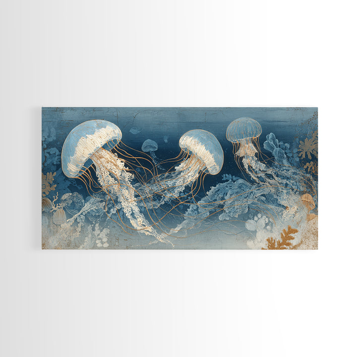 Jellyfish Floating in Luminous Dark Water Canvas Print, Marine Life Art, Art Print, Living Room Decor, Watercolor Art, Marine, MLA-2x1-74