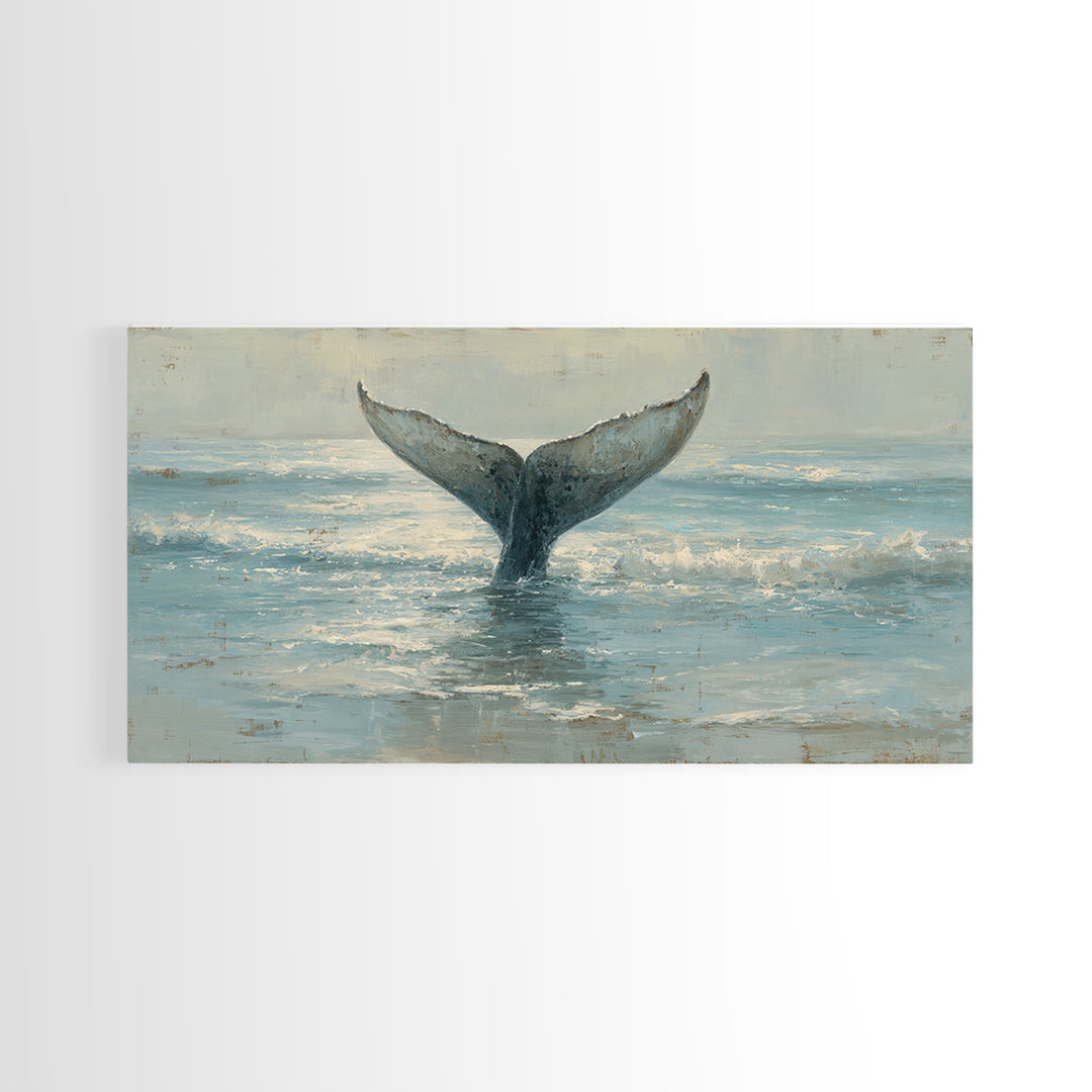Whale Tail Rising from Misty Ocean Canvas Print, Marine Life Art, Luxury Decor, Living Room Decor, Oil Painting, Marine, MLA-2x1-94