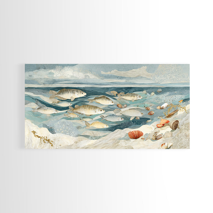 School of Fish Forming a Silver Spiral Framed Canvas Print, Marine Life Art, Ocean Decor, Living Room Decor, Oil Painting, MLA-2x1-96