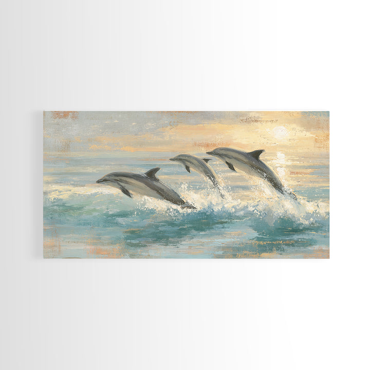 Dolphins Leaping Through Sunlit Waves Framed Canvas Print, Marine Life Art, Coastal Art, Living Room Decor, Fine Art, Marine, MLA-2x1-99
