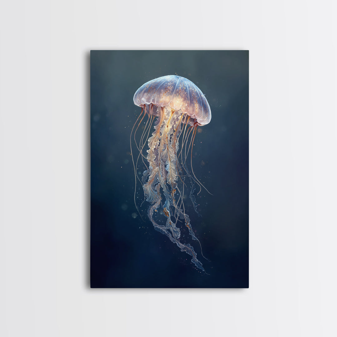 Jellyfish Floating in Luminous Dark Water Canvas Print, Marine Life Art, Handmade Art, Living Room Decor, Oil Painting, Marine, MLA-2x3-14