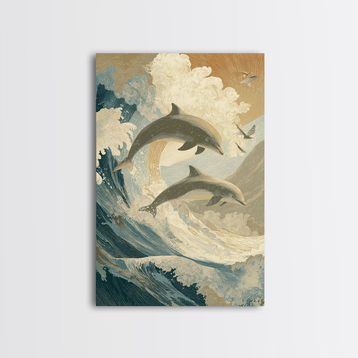 Dolphins Leaping Through Sunlit Waves Canvas Print, Marine Life Art, Surf Poster, Living Room Decor, Fine Art, Marine, MLA-2x3-15