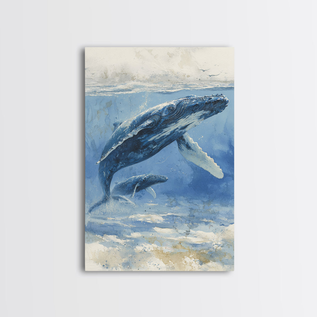 Humpback Whale and Calf Framed Canvas Print, Marine Life Art, Tropical Wall Art, Living Room Decor, Fine Art, Marine, MLA-2x3-26
