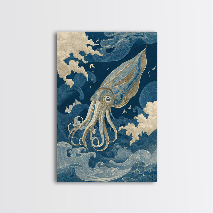 Squid in a Mysterious Midnight Sea Canvas Print, Marine Life Art, Ocean Wall Art, Living Room Decor, Watercolor Art, Marine, MLA-2x3-27