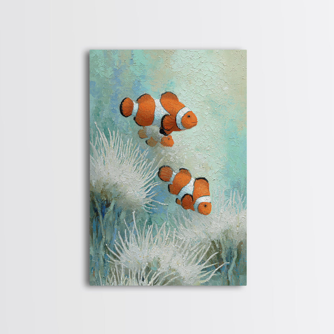Clownfish Around Anemone Tentacles Framed Canvas Print, Marine Life Art, Textured Painting, Living Room Decor, Fine Art, Marine, MLA-2x3-28