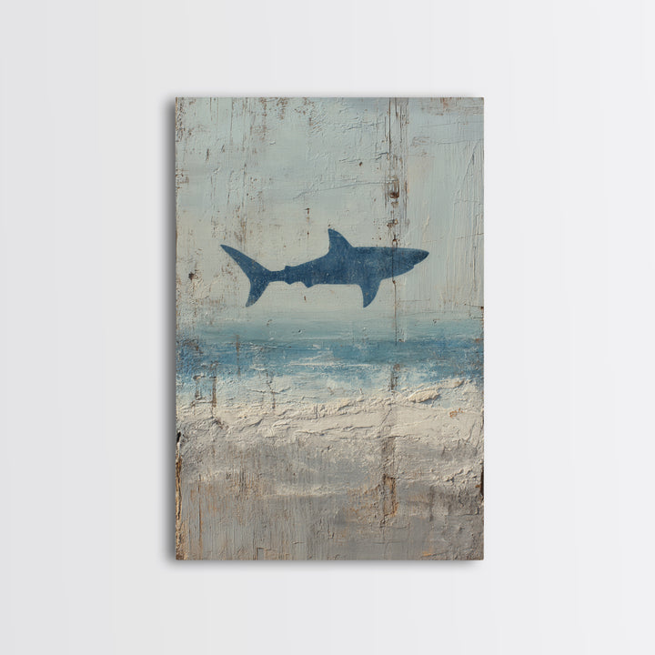 Shark Silhouette in Deep Blue Light Framed Canvas Print, Marine Life Art, Nautical Wall Art, Living Room Decor, Watercolor Art, MLA-2x3-44