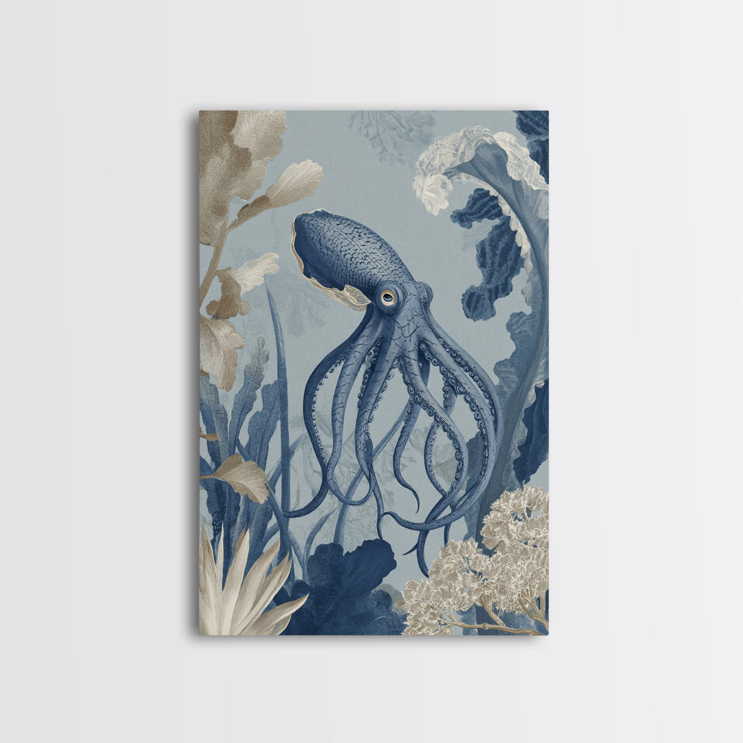 Squid in a Mysterious Midnight Sea Framed Canvas Print, Marine Life Art, Ocean Decor, Living Room Decor, Oil Painting, Marine, MLA-2x3-51