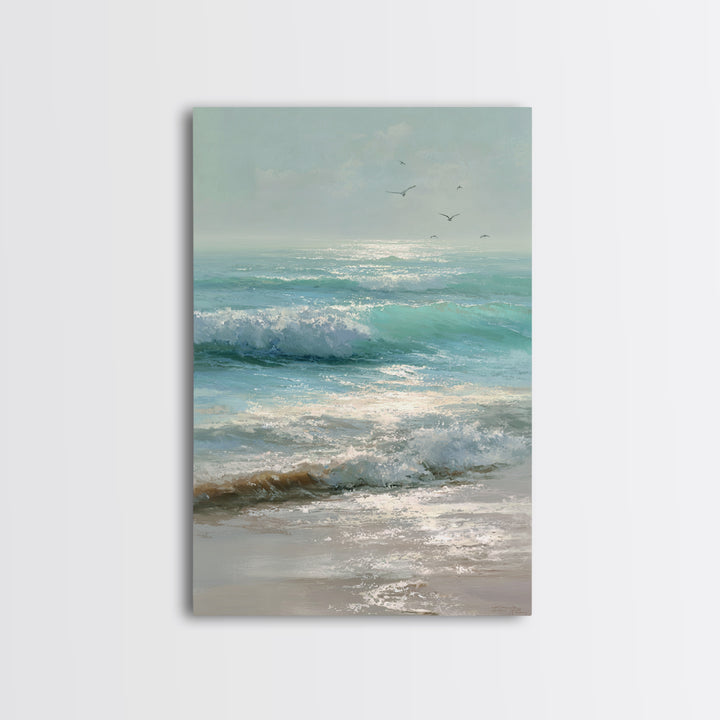 Dolphins Leaping Through Sunlit Waves Framed Canvas Print, Marine Life Art, Ocean Painting, Living Room Decor, Watercolor Art, MLA-2x3-63