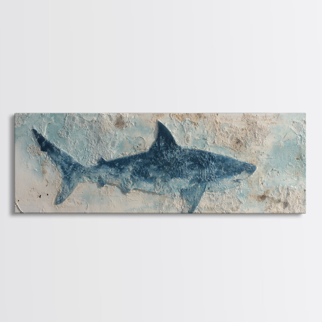 Shark Silhouette in Deep Blue Light Canvas Print, Marine Life Art, Fish Art, Living Room Decor, Abstract Art, Marine, MLA-3x1-100