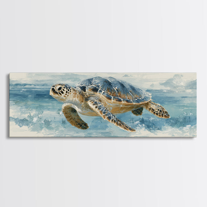 Sea Turtle Gliding Through Clear Blue Water Framed Canvas Print, Marine Life Art, Watercolor Art, Living Room Decor, Marine, MLA-3x1-17