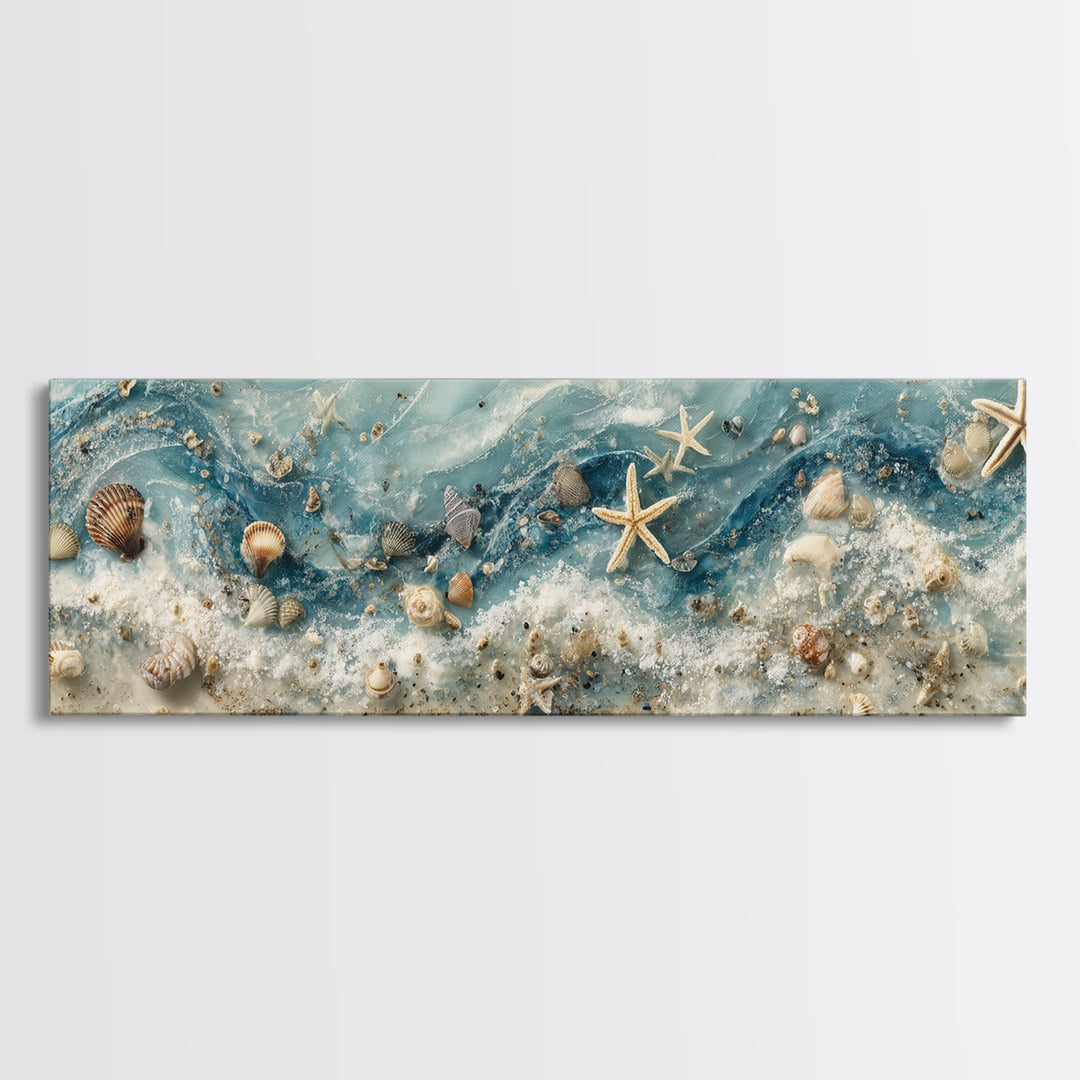 Starfish and Shells Natural Specimen Layout Framed Canvas Print, Marine Life Art, Coastal Art, Living Room Decor, Marine, MLA-3x1-53