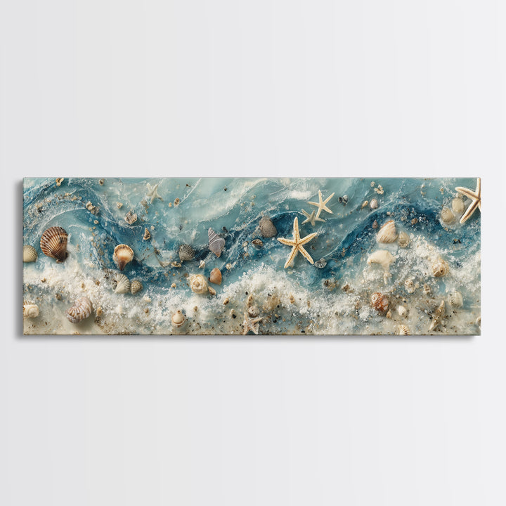 Starfish and Shells Natural Specimen Layout Framed Canvas Print, Marine Life Art, Coastal Art, Living Room Decor, Marine, MLA-3x1-53