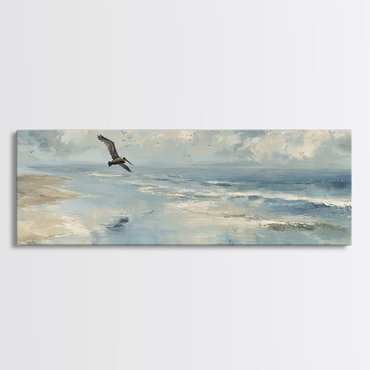 Pelican Diving Toward Fish Near Surface Framed Canvas Print, Marine Life Art, Neutral Decor, Living Room Decor, Marine, MLA-3x1-63