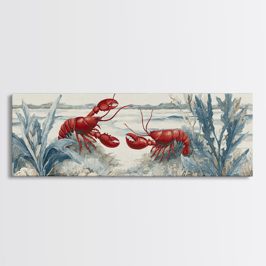 Lobster in Bold Coastal Red Palette Framed Canvas Print, Marine Life Art, Tropical Wall Art, Living Room Decor, Marine, MLA-3x1-7