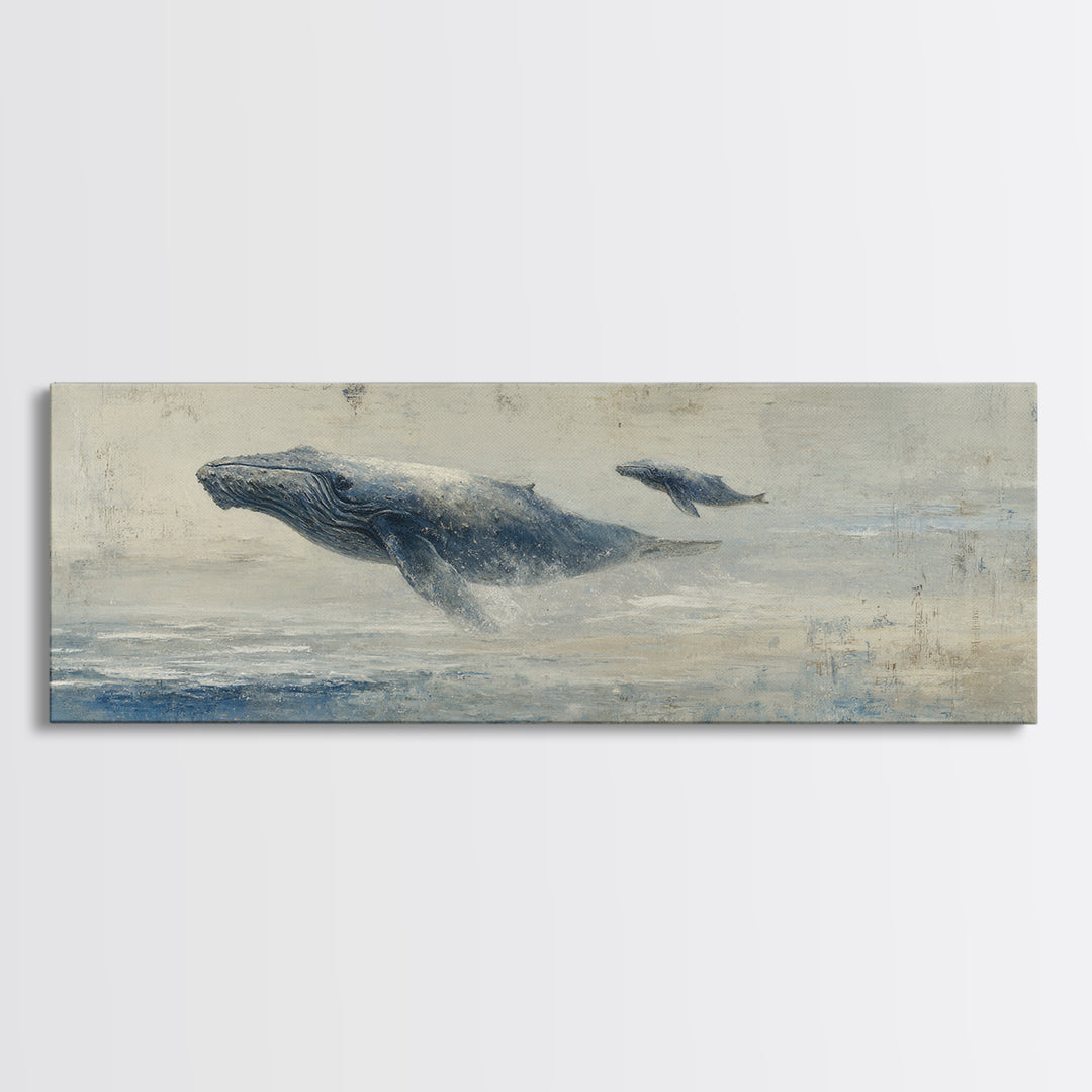 Humpback Whale and Calf Framed Canvas Print, Marine Life Art, Coastal Wall Art, Living Room Decor, Oil Painting, Marine, MLA-3x1-82
