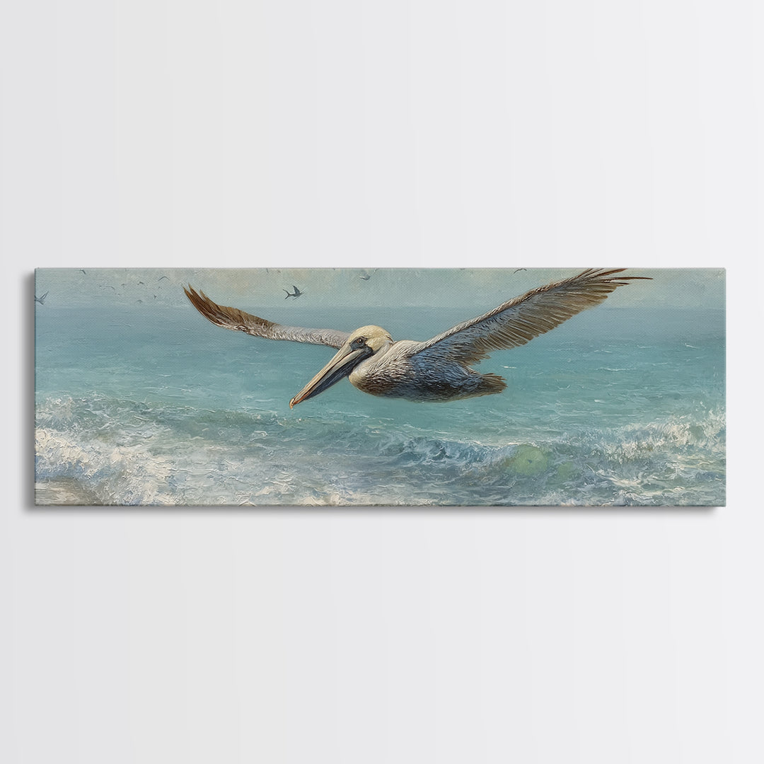 Pelican Diving Toward Fish Near Surface Framed Canvas Print, Marine Life Art, Contemporary Art, Living Room Decor, Marine, MLA-3x1-87