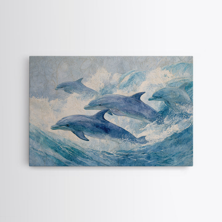 Dolphins Leaping Through Sunlit Waves Canvas Print, Marine Life Art, Minimalist Decor, Living Room Decor, Fine Art, Marine, MLA-3x2-11