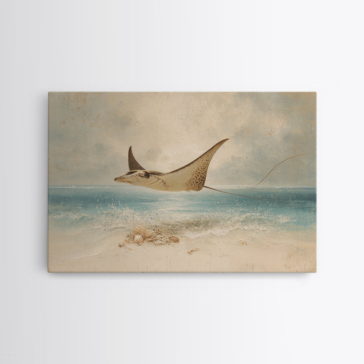 Manta Ray Flying Through Underwater Light Framed Canvas Print, Marine Life Art, Textured Painting, Living Room Decor, Marine, MLA-3x2-18