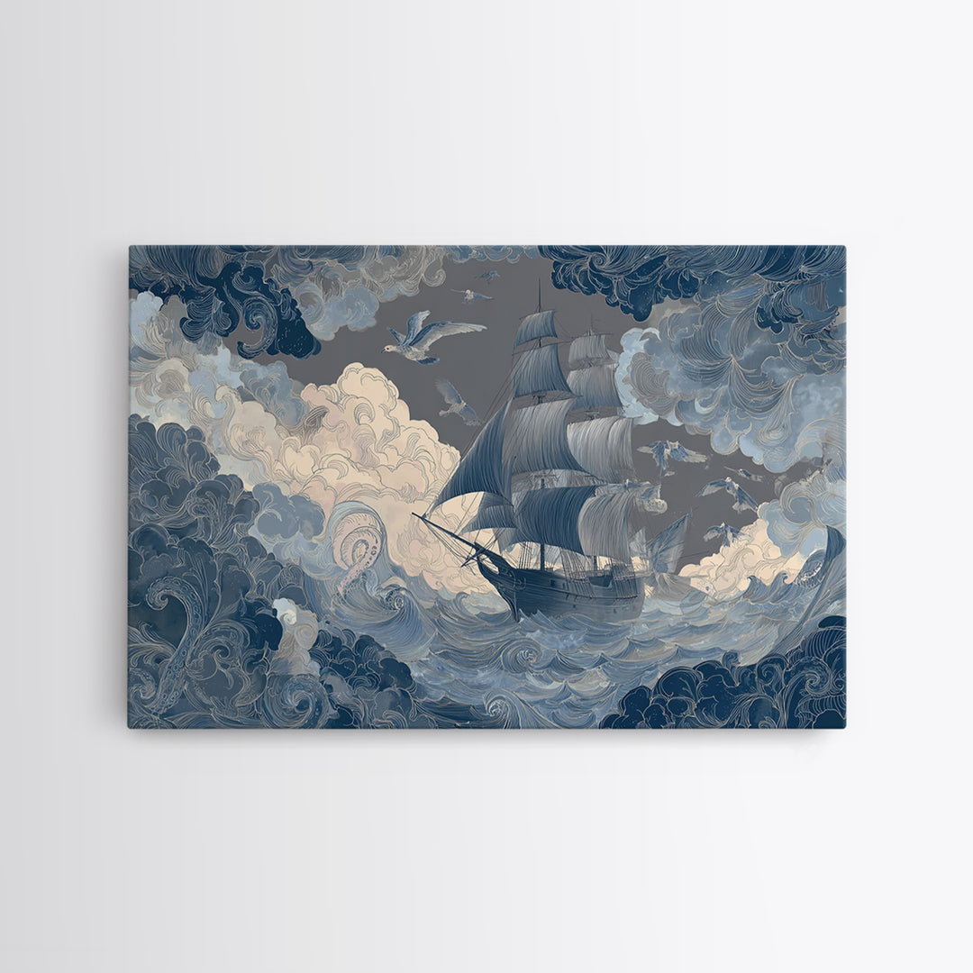 Squid in a Mysterious Midnight Sea Framed Canvas Print, Marine Life Art, Room Decor, Living Room Decor, Fine Art, Marine, MLA-3x2-23