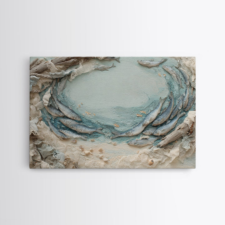 School of Fish Forming a Silver Spiral Canvas Print, Marine Life Art, Minimalist Decor, Living Room Decor, Fine Art, Marine, MLA-3x2-32