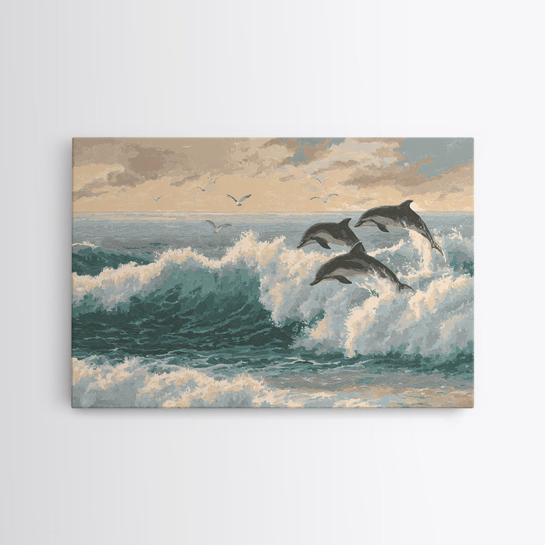 Dolphins Leaping Through Sunlit Waves Framed Canvas Print, Marine Life Art, Original Artwork, Living Room Decor, Oil Painting, MLA-3x2-59