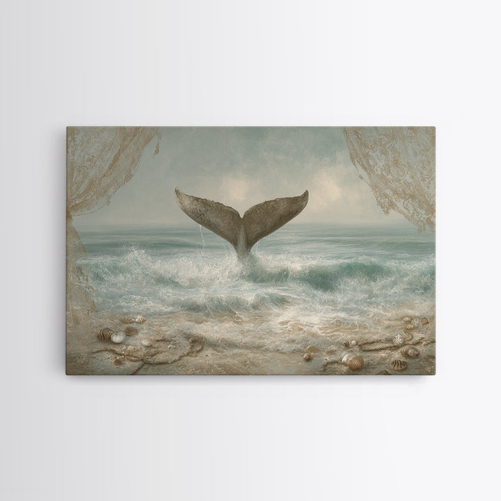 Whale Tail Rising from Misty Ocean Framed Canvas Print, Marine Life Art, Contemporary Art, Living Room Decor, Fine Art, Marine, MLA-3x2-6