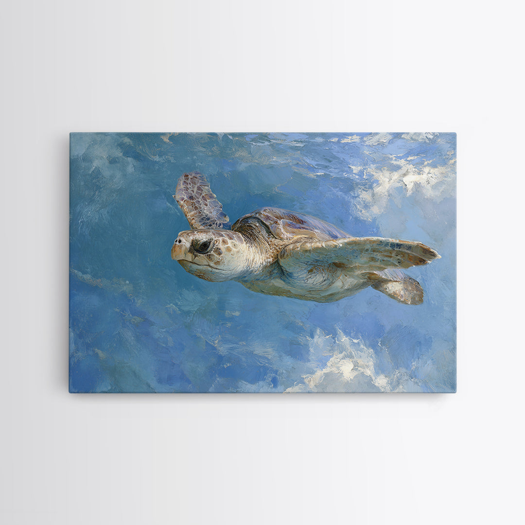 Sea Turtle Gliding Through Clear Blue Water Framed Canvas Print, Marine Life Art, Original Artwork, Living Room Decor, Marine, MLA-3x2-77