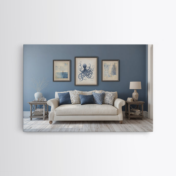 Squid in a Mysterious Midnight Sea Framed Canvas Print, Marine Life Art, Ocean Decor, Living Room Decor, Fine Art, Marine, MLA-3x2-95