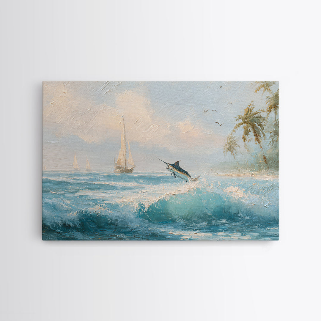 Sailfish Leaping in Dramatic Motion Framed Canvas Print, Marine Life Art, Nautical Wall Decor, Living Room Decor, MLA-3x2-97