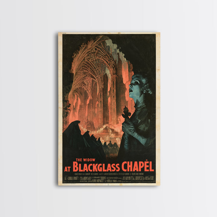 The Widow At Blackglass Chapel, French Horror Film Poster, Retro Gothic Cinema Art, Vintage Halloween Wall Art, Framed Canvas Print