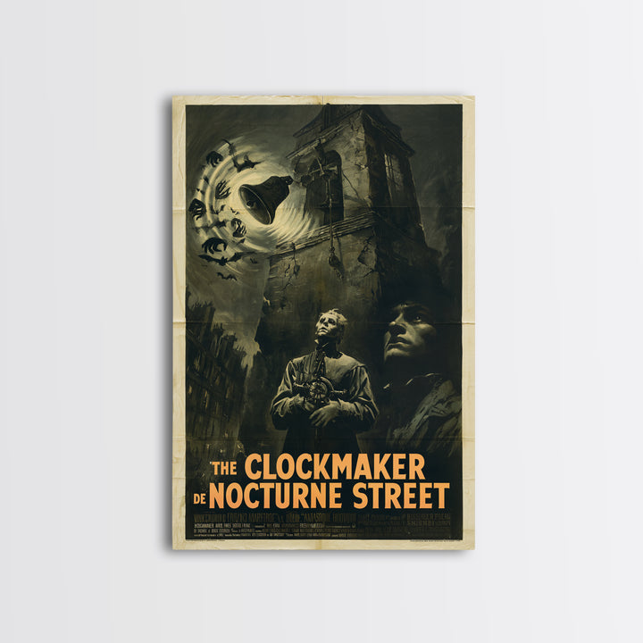 The Clockmaker Of Nocturne Street, French Horror Film Poster, Retro Gothic Cinema Art, Vintage Halloween Wall Art, Framed Canvas Print