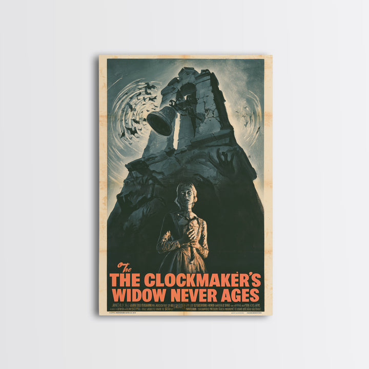 The Clockmaker's Widow Never Ages, French Horror Film Poster, Retro Gothic Cinema Art, Vintage Halloween Wall Art, Framed Canvas Print