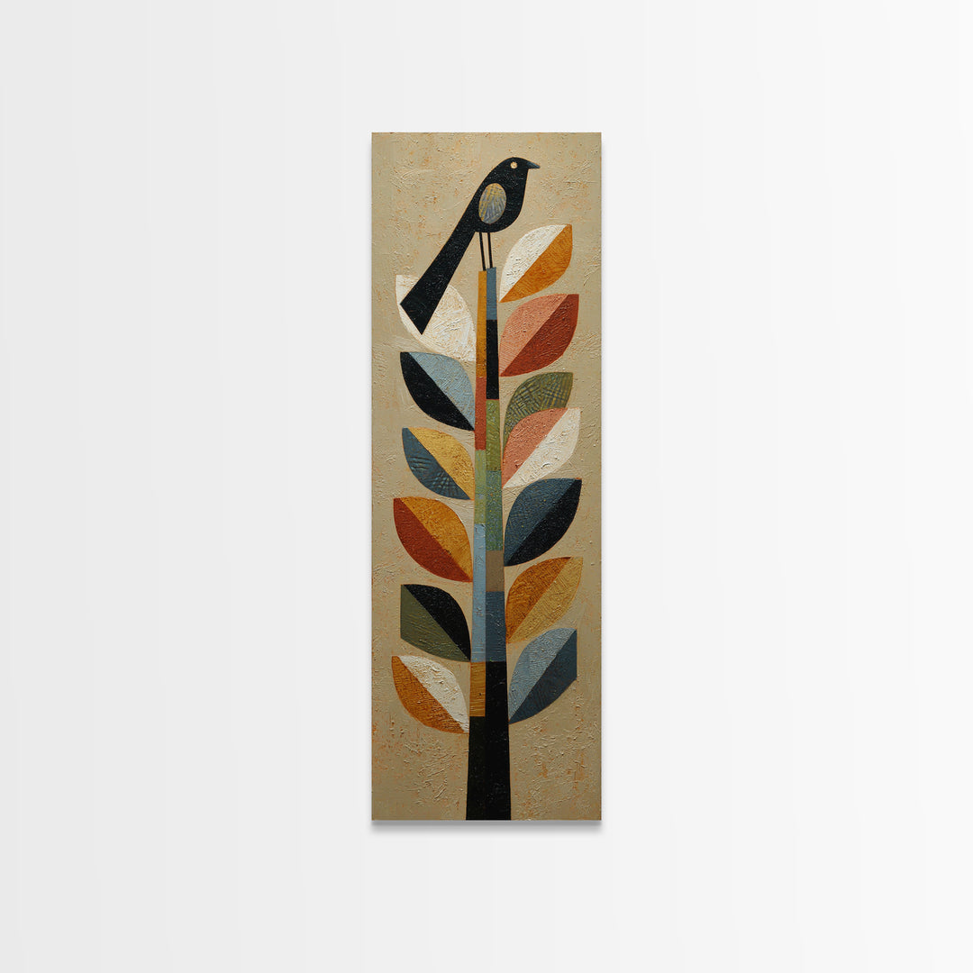 Bird Motif with Playful Geometric Feathers Canvas Print, Midcentury Modern Art, Retro Wall Art, Living Room Decor, Retro, MMA-1x3-96