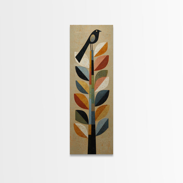 Bird Motif with Playful Geometric Feathers Canvas Print, Midcentury Modern Art, Retro Wall Art, Living Room Decor, Retro, MMA-1x3-96
