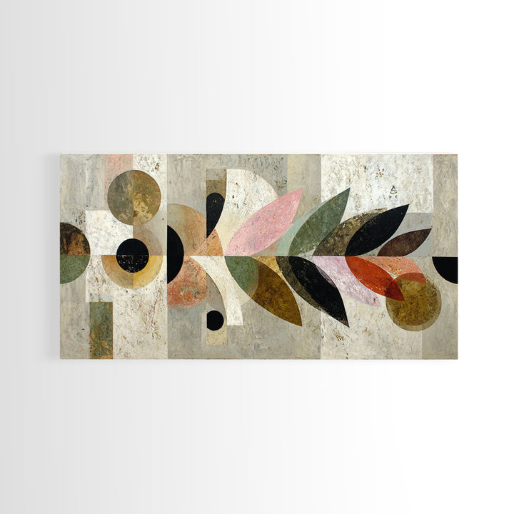 Bird Motif with Playful Geometric Feathers Framed Canvas Print, Midcentury Modern Art, Digital Print, Living Room Decor, Retro, MMA-2x1-80