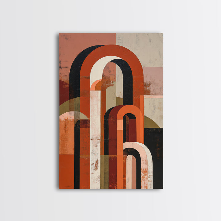 Stacked Arches in Burnt Orange and Cream Framed Canvas Print, Midcentury Modern Art, Prints, Living Room Decor, Oil Painting, MMA-2x3-21