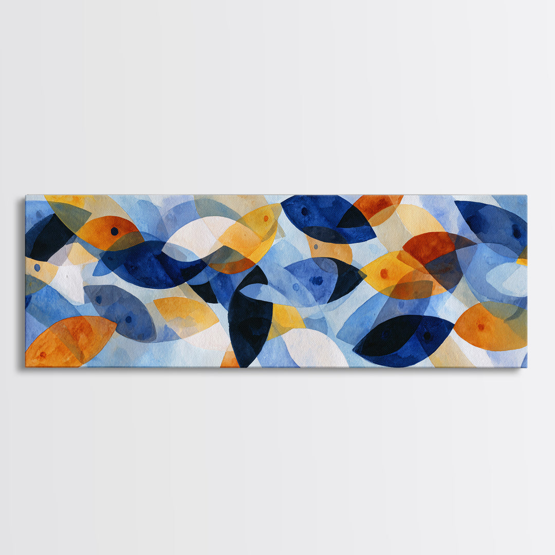 Abstract Fish Shapes Framed Canvas Print, Midcentury Modern Art, Digital Prints, Living Room Decor, Abstract Art, Retro, MMA-3x1-10