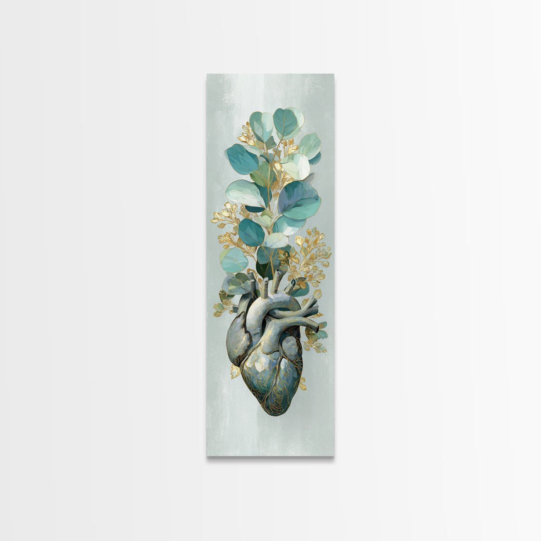 Anatomical Heart Rendered as Tasteful Botanical Art Canvas Print, Medical Office Art, Office Decor, Oil Painting, Calm, MOA-1x3-73