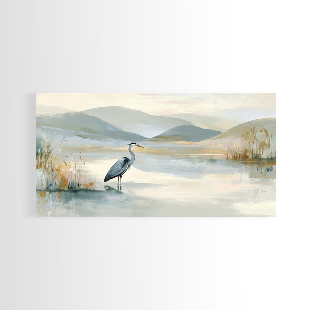 Blue Heron Standing Framed Canvas Print, Medical Office Art, Art Print, Office Decor, Calm, Printable Art, Minimalist Art, MOA-2x1-34
