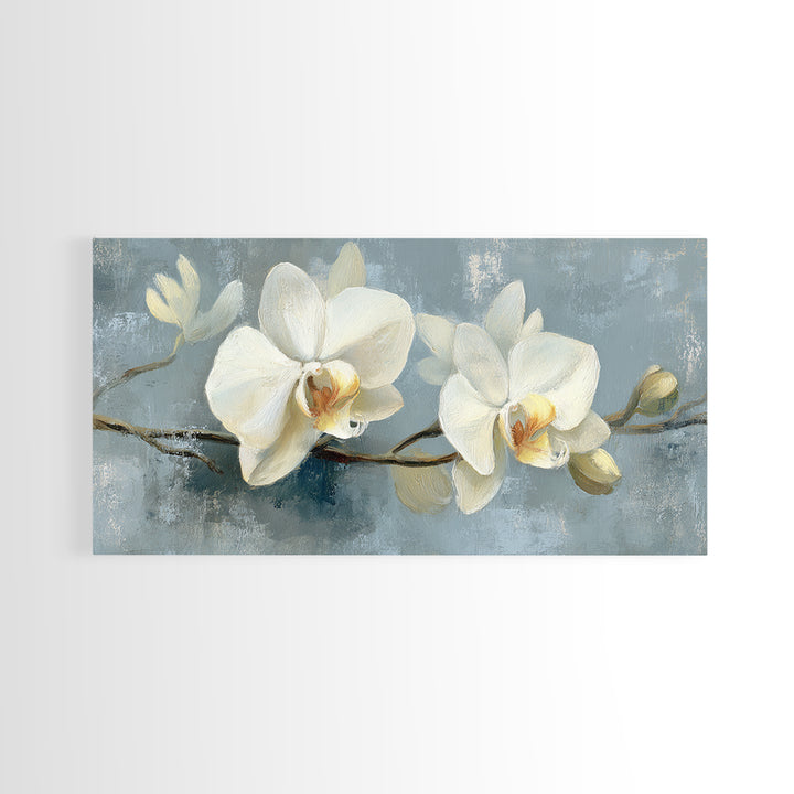 White Orchid on Gray Stone Surface Framed Canvas Print, Medical Office Art, Minimalist Decor, Office Decor, Fine Art, Calm, MOA-2x1-50