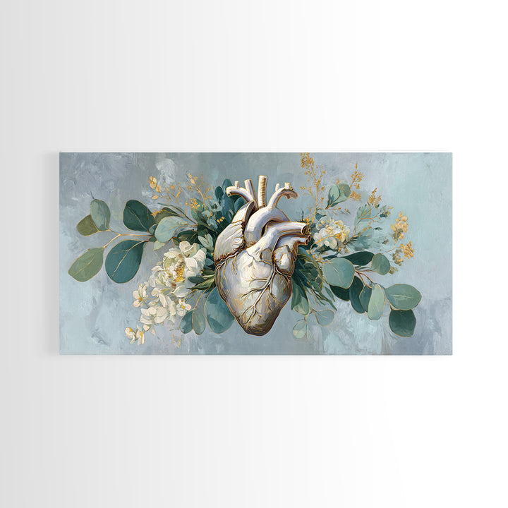 Anatomical Heart Rendered as Tasteful Botanical Art Canvas Print, Medical Office Art, Digital Art, Office Decor, Watercolor Art, MOA-2x1-57