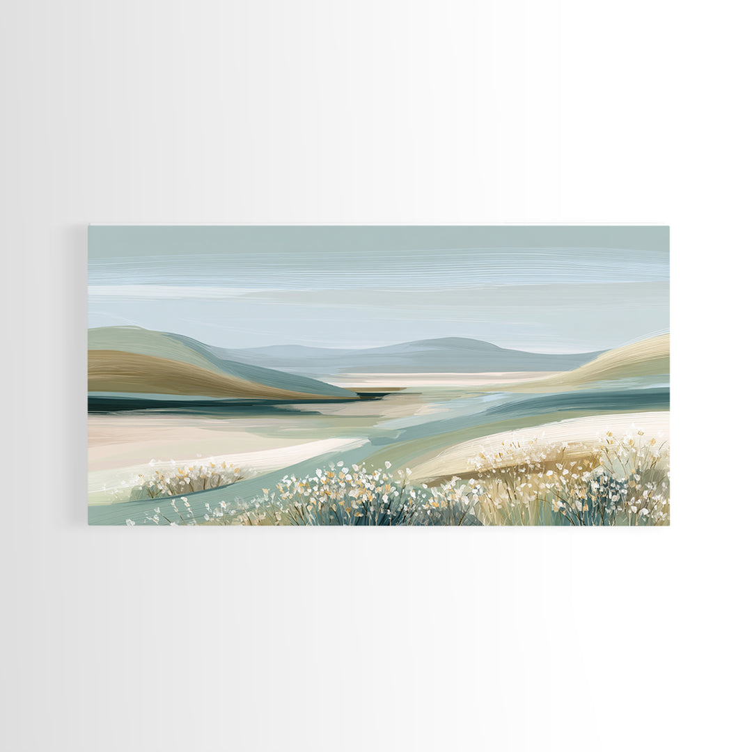 Sunlit Meadow with Wildflowers and Calm Mood Framed Canvas Print, Medical Office Art, Luxury Decor, Office Decor, MOA-2x1-8