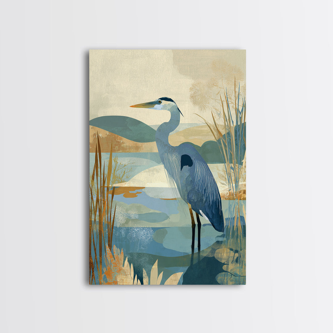 Blue Heron Standing Framed Canvas Print, Medical Office Art, Textured Painting, Office Decor, Fine Art, Calm, Minimalist Art, MOA-2x3-22