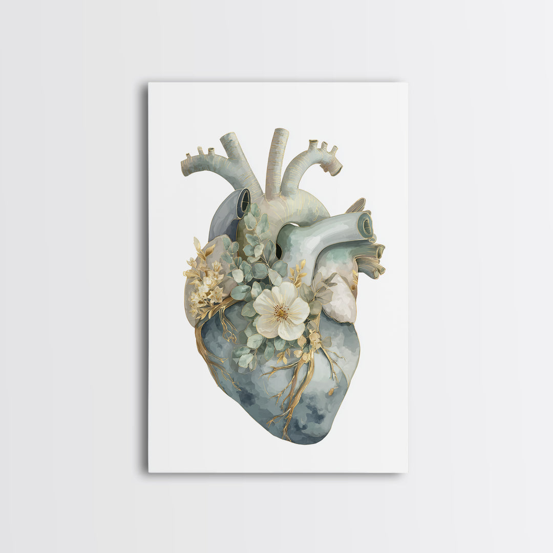 Anatomical Heart Rendered as Tasteful Botanical Art Canvas Print, Medical Office Art, Office Decor, Oil Painting, Calm, MOA-2x3-45