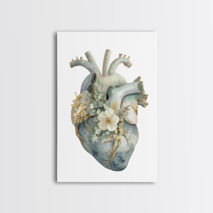 Anatomical Heart Rendered as Tasteful Botanical Art Canvas Print, Medical Office Art, Office Decor, Oil Painting, Calm, MOA-2x3-45