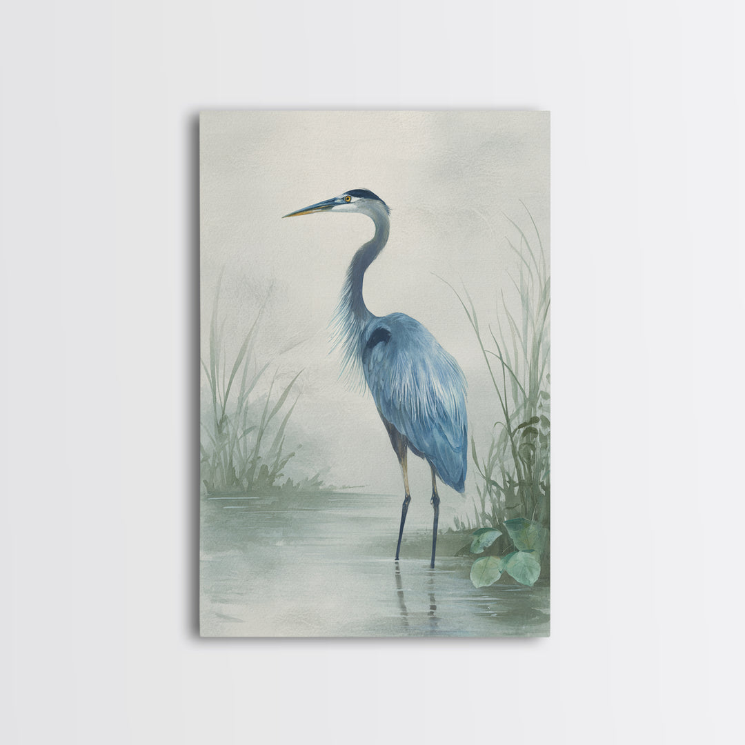 Blue Heron Standing Framed Canvas Print, Medical Office Art, Textured Painting, Office Decor, Fine Art, Calm, Minimalist Art, MOA-2x3-46