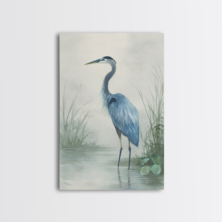 Blue Heron Standing Framed Canvas Print, Medical Office Art, Textured Painting, Office Decor, Fine Art, Calm, Minimalist Art, MOA-2x3-46