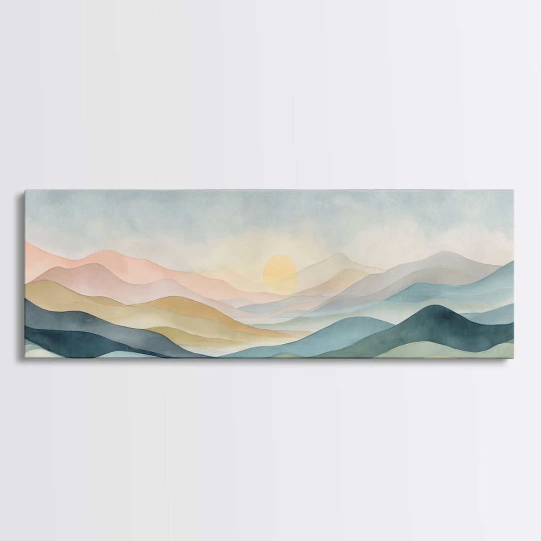 Minimal Sunrise over Rounded Hills Framed Canvas Print, Medical Office Art, Science Art, Office Decor, Fine Art, Calm, MOA-3x1-15