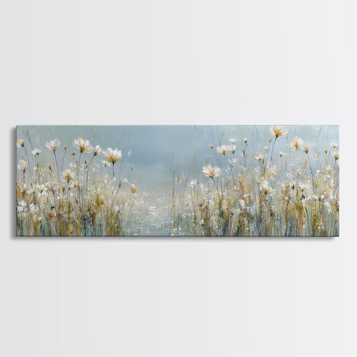 Sunlit Meadow with Wildflowers and Calm Mood Framed Canvas Print, Medical Office Art, Science Art, Office Decor, Watercolor Art, MOA-3x1-28