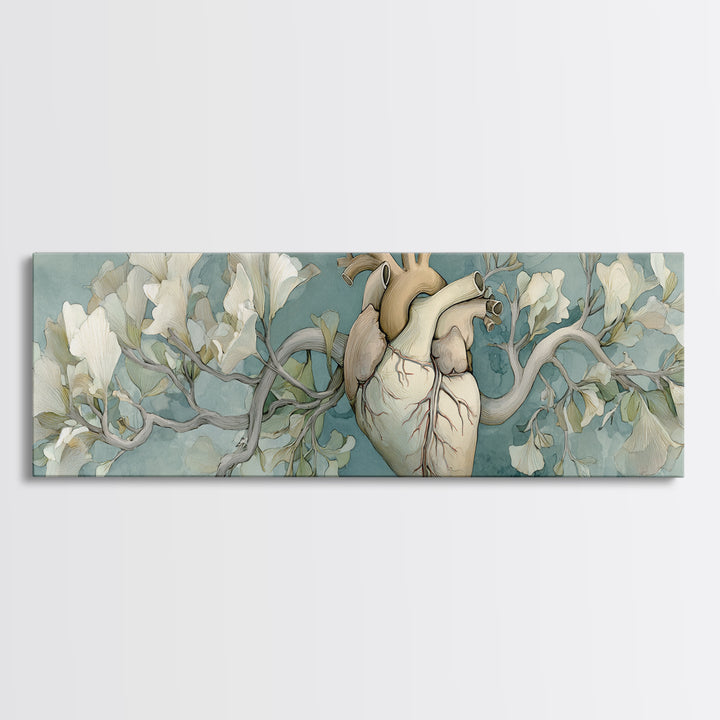Anatomical Heart Rendered as Tasteful Botanical Art Canvas Print, Medical Office Art, Minimalist Art, Office Decor, Calm, MOA-3x1-5